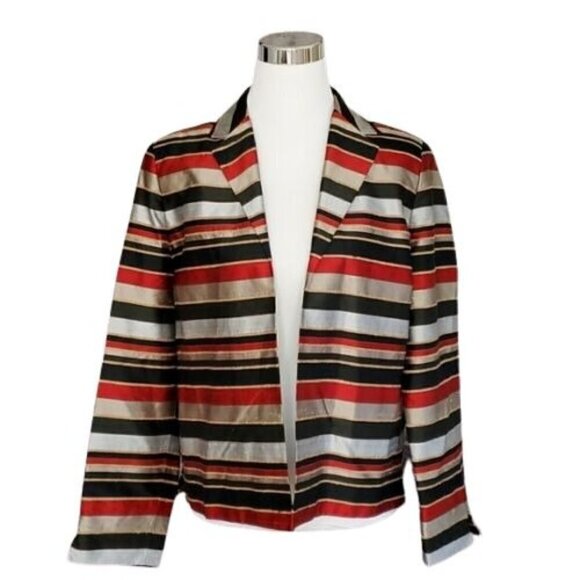 ann May Vintage Striped Lined Open Front Blazer Jacket Medium 100% Woven Silk - Picture 2 of 11